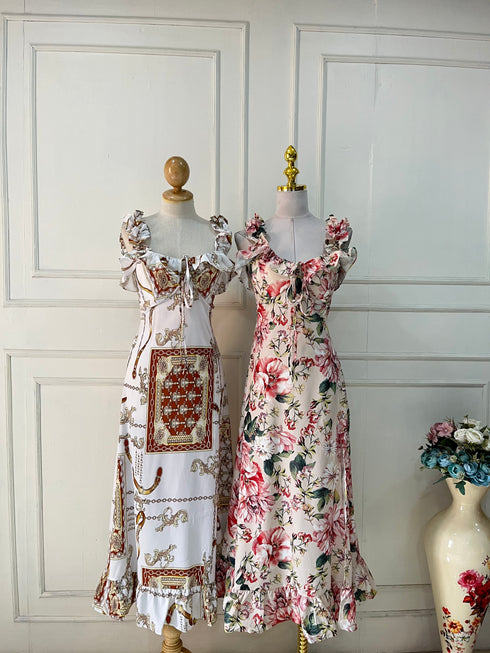 Spring Floral Ruffle Straps Side Slit Dresses